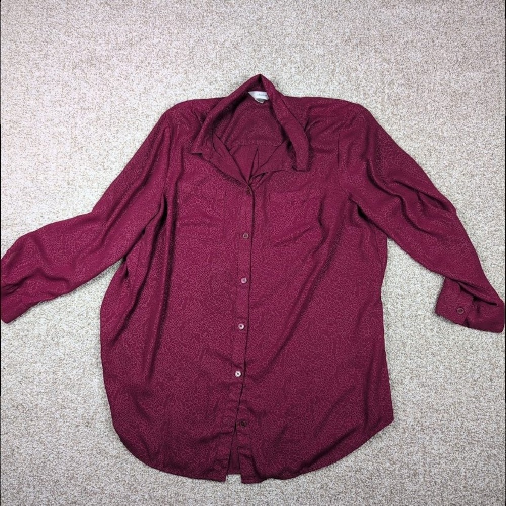 CJ Banks Womens 1X Burgundy Button Up Long Sleeve Shirt Animal Print - Picture 2 of 6
